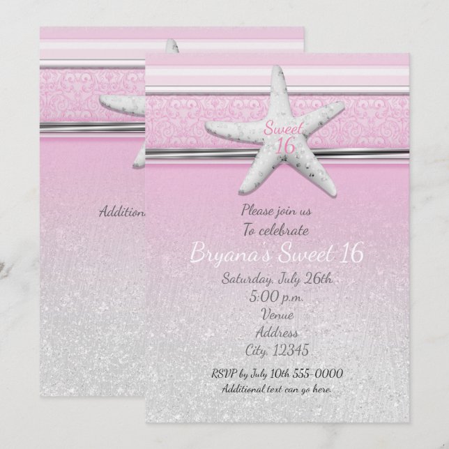 Starfish Elegant Beach Pink Sweet 16 Einladungen (Vorne/Hinten)