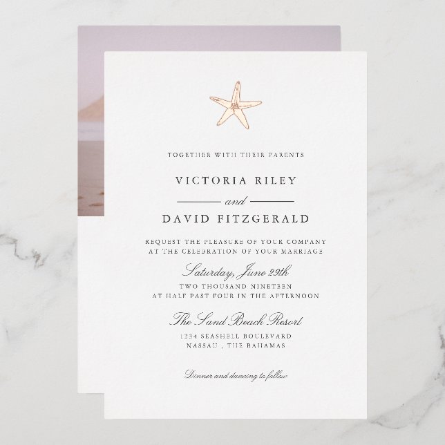 Starfish Elegante Ocean Beach WEDDING ROSE GOLD V3 Folieneinladung (Vorderseite/Rückseite)