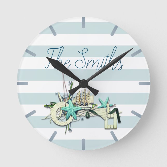 Starfish, Fischnetz und großes Schiff Runde Wanduhr (Vorderseite)
