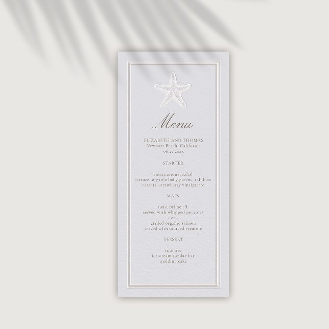 Starfish-Imitate an der Küste - formale Hochzeit Menükarte (coastal wedding menu classic formal traditional frame faux embossed starfish nautical beach)