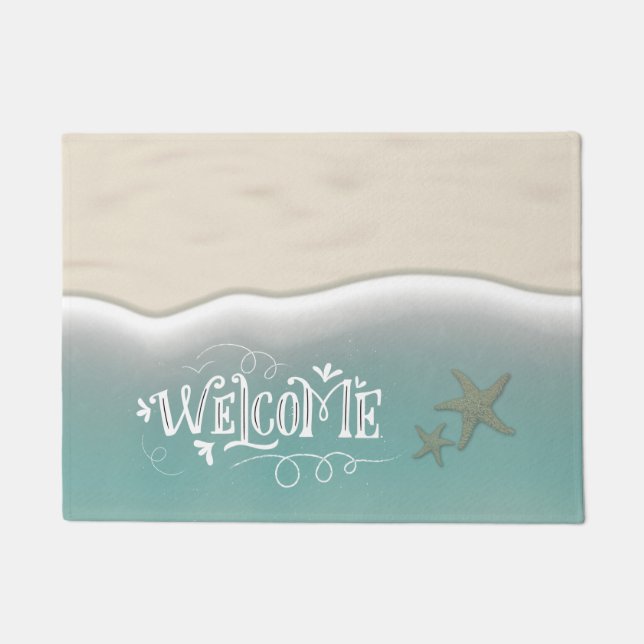 Starfish in Aqua Ocean Water & Beach Sand Willkomm Fußmatte (Vorderseite)