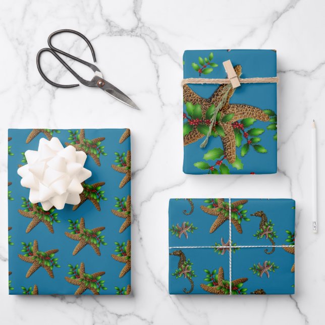 Starfish in Holsea Blue Beach Weihnachten Geschenkpapier Set (Vorderseite)