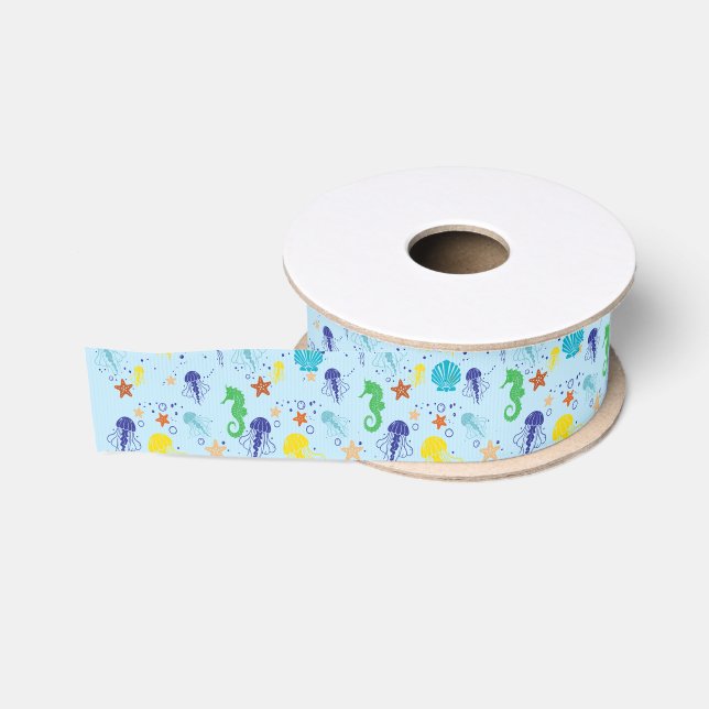 Starfish Jellyfish Seahorses Shell DIY BG Lt Blue Ripsband (Spule)