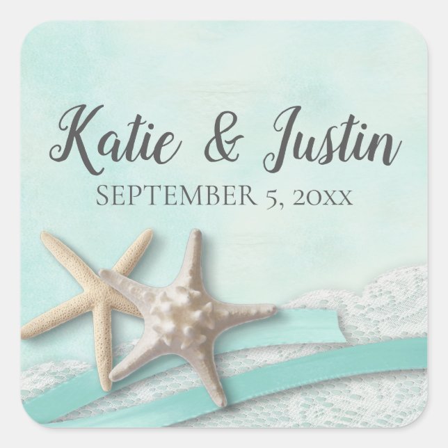 Starfish Lace und Ribbon Romantic Beach Wedding Quadratischer Aufkleber (Vorderseite)