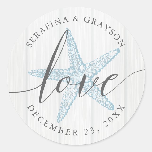 Starfish Liebe Rustic Wood Blue Beach Hochzeit Gef Runder Aufkleber (Vorderseite)