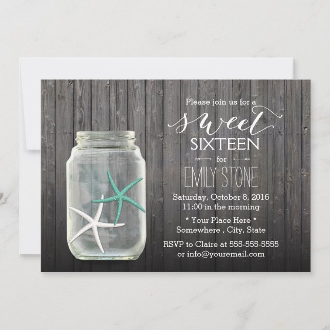 Starfish & Mason Jar Holz Hintergrund Sweet 16 Einladung (Vorderseite)