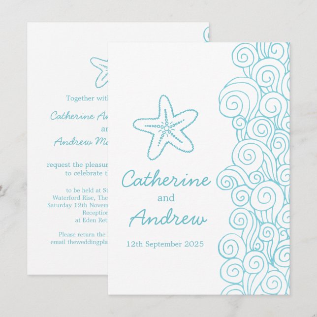 Starfish mer tourbillon bleu plage invitation mari (Devant / Derrière)