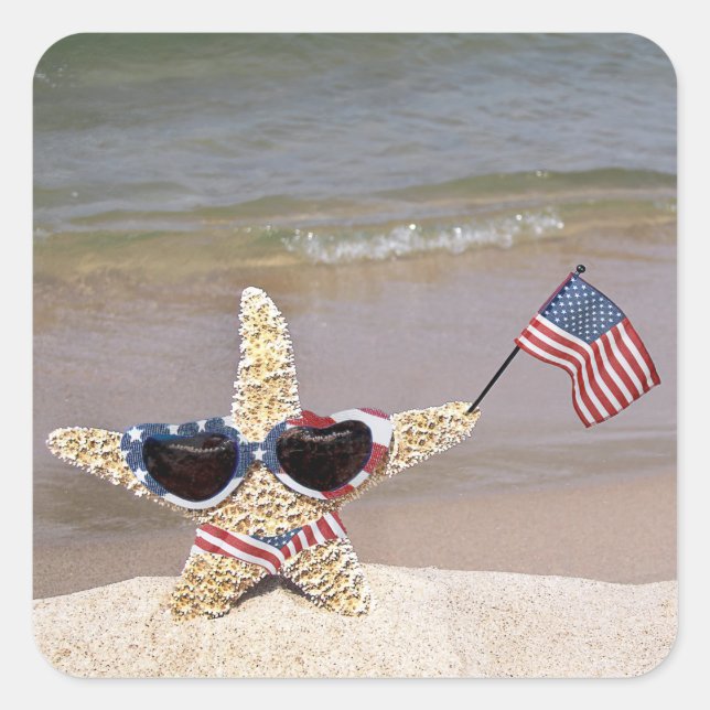 Starfish mit amerikanischer Flagge Quadratischer Aufkleber (Vorderseite)
