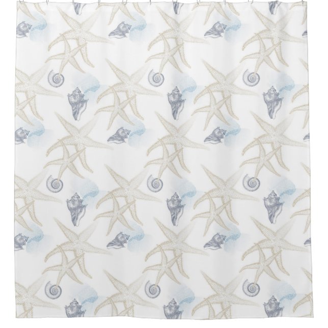 Starfish-Muschel-weißer blauer Strand-Duschvorhang Duschvorhang (Vorderseite)
