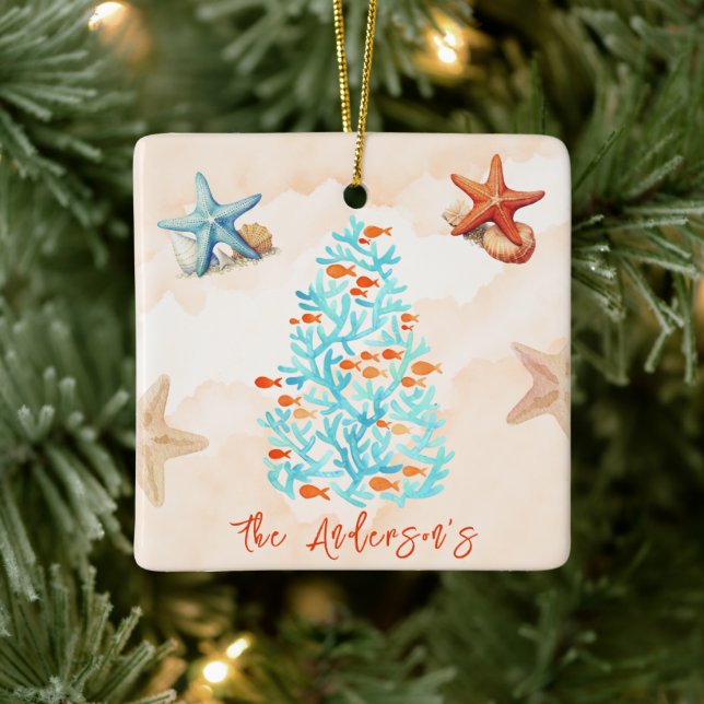 Starfish Muscheln Sandy Beach Weihnachten Keramikornament (Baum)