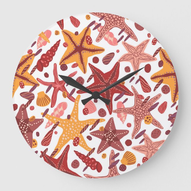 Starfish Muscheln: Skandinavisches Meeresmuster Große Wanduhr (Vorderseite)