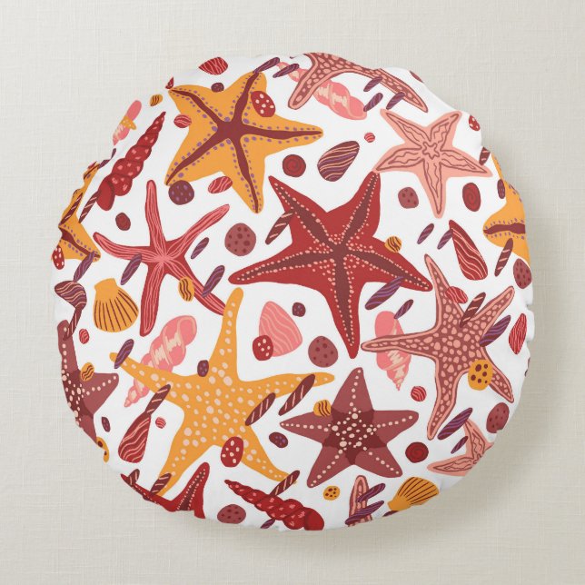 Starfish Muscheln: Skandinavisches Meeresmuster Rundes Kissen (Vorderseite)