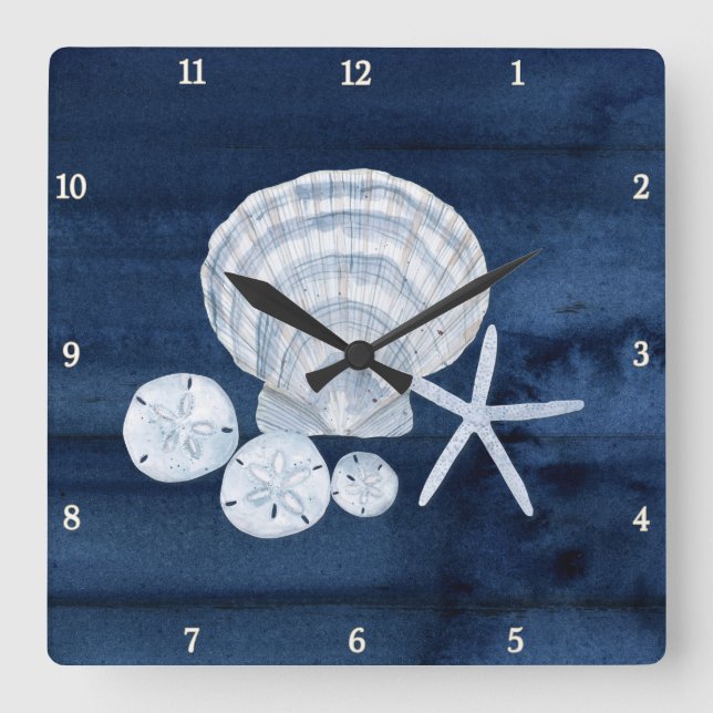 Starfish Muscheln Strand Sand Dollar Blau Quadratische Wanduhr (Vorderseite)