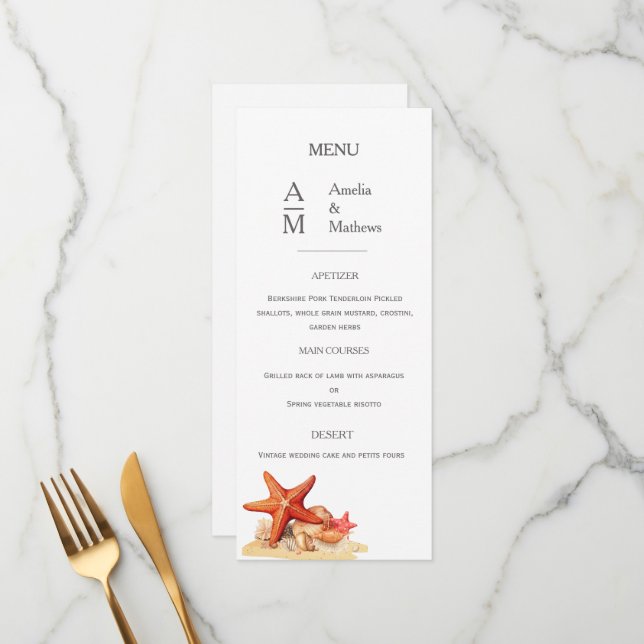 Starfish Muscheln Strandhochzeit Flat Menu Menükarte (Vorderseite/Rückseite Beispiel)