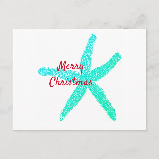 Starfish Muster Green Blue Red Frohe Weihnachten Postkarte (Vorderseite)