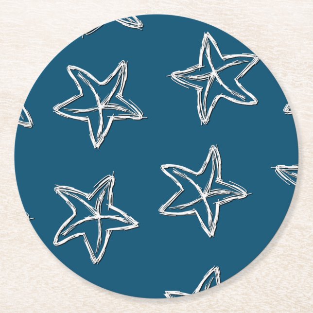 Starfish Muster in Ozeanblau Runder Pappuntersetzer (Vorderseite)