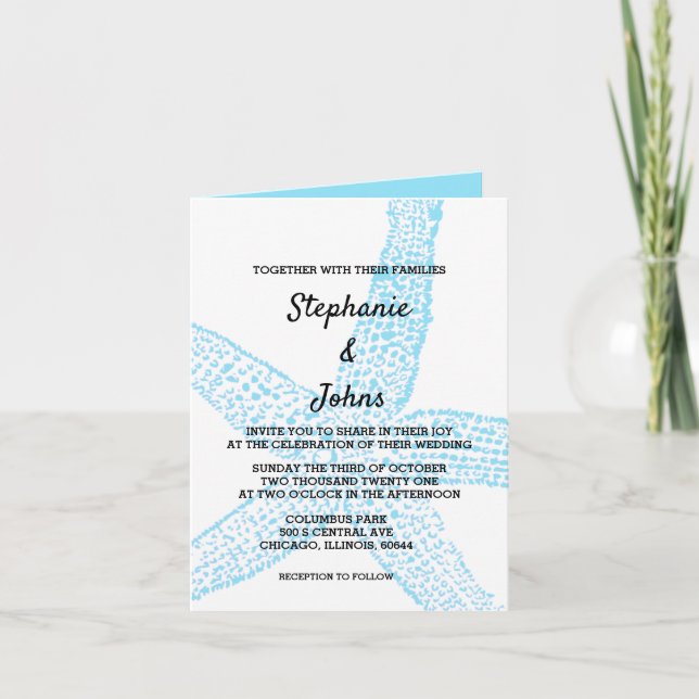 Starfish Nautical Blue White Beach Cool Hochzeit Einladung (Vorderseite)