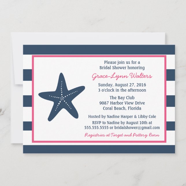 Starfish Nautical Showeinladung, Marine und Rosa Einladung (Vorderseite)