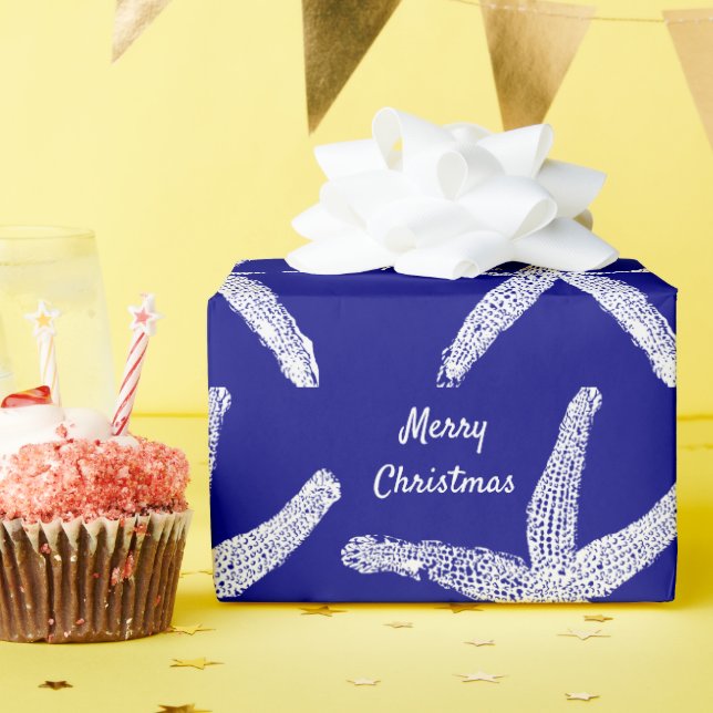 Starfish Navy Blue White Frohe Weihnachten 2023 Geschenkpapier (Geburtstagsparty)