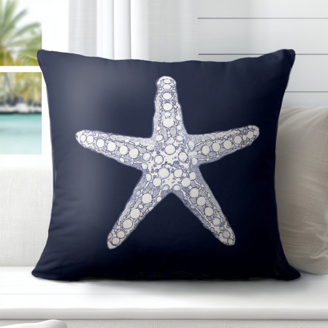 Starfish Navy Blue White Throw Kissen (Elevate Your Décor: Discover our Elegant Coastal Throw Pillows in Blue & White)