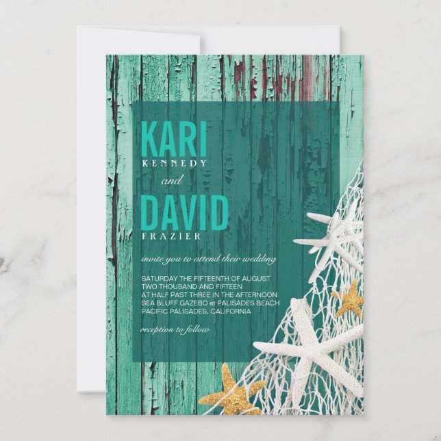 Starfish Netting Beach-Hochzeit| Aqua Einladung (Vorderseite)