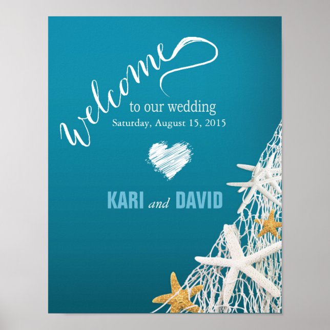 Starfish Netting Beach Hochzeit Begrüßungszeichen Poster (Vorne)