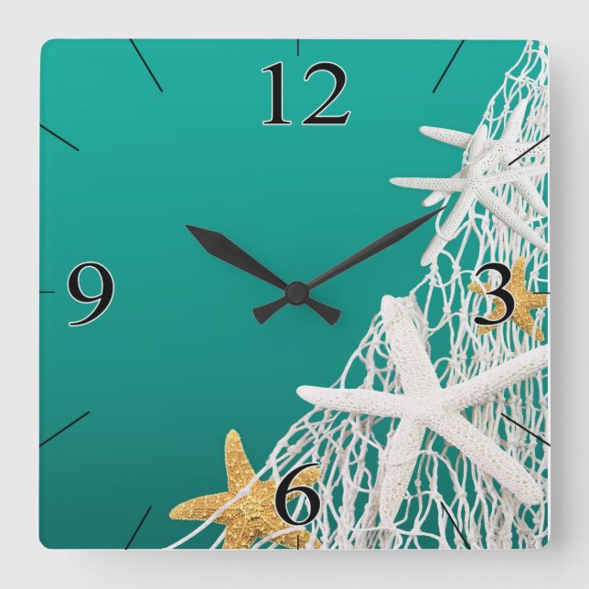 Starfish Netting Strandküste Leben | Aqua Quadratische Wanduhr (Vorderseite)