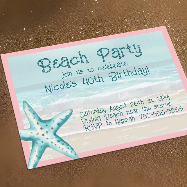 Starfish Ocean Beach Party Aqua & Pink Aqua Einladung (Starfish beach party invitations, cheerful & casual for Summer fun)
