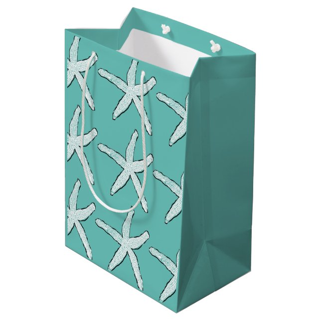 Starfish Pattern Beach Küste Aquamarin Blue Weihna Mittlere Geschenktüte (Rückseite Schrägansicht)