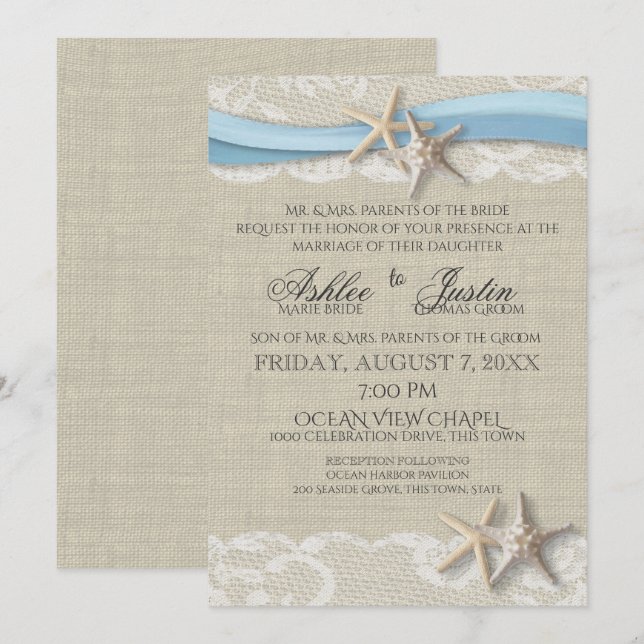 Starfish Ribbon and Lace Light Blue Wedding Einladung (Vorne/Hinten)