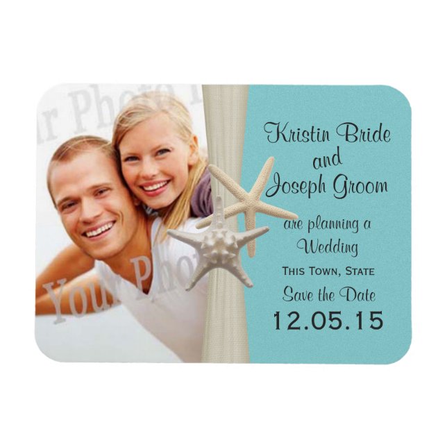 Starfish Rustic Aqua Blue Save the Date Foto Magnet (Horizontal)