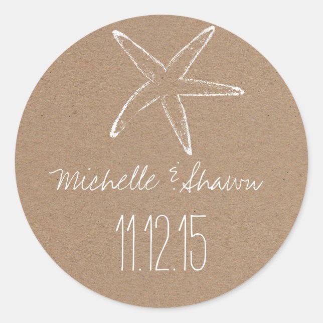 Starfish Rustic Kraft Gastgeschenk Hochzeit Runder Aufkleber (Vorderseite)