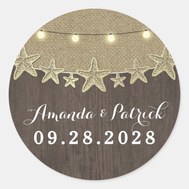 Starfish Rustic Lights Beach Wedding Gefallen Runder Aufkleber (Vorderseite)