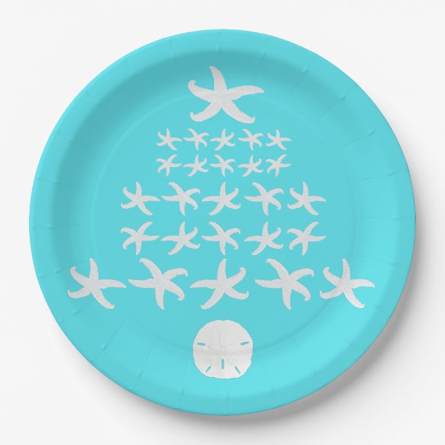 Starfish Sand Dollar Aqua Tropisches Weihnachtsfes Pappteller (Vorderseite)