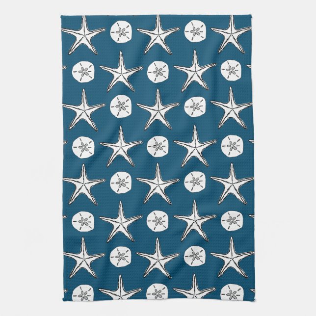 Starfish Sand Dollar Sketch Muster auf Ocean Blue Geschirrtuch (Vertikal)