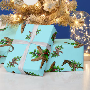 Starfish Sea Horses Muster Light Blue Weihnachten Geschenkpapier