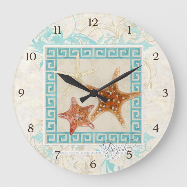 Starfish Sea Shells Ocean Greek Key Pattern Beach Große Wanduhr (Vorderseite)