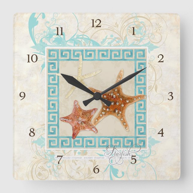 Starfish Sea Shells Ocean Greek Key Pattern Beach Quadratische Wanduhr (Vorderseite)