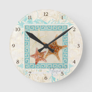 Starfish Sea Shells Ocean Greek Key Pattern Beach Runde Wanduhr