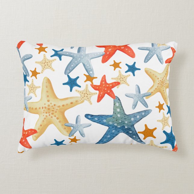 Starfish Seashell Muster Blaue Orangefarbene Küste Dekokissen (Vorderseite)