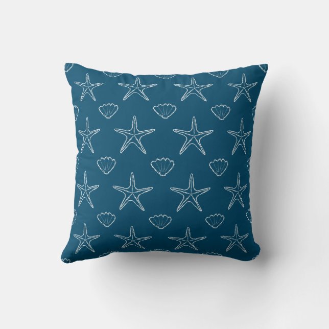 Starfish Seashell Sketch Muster auf Ocean Blue Kissen (Rückseite)