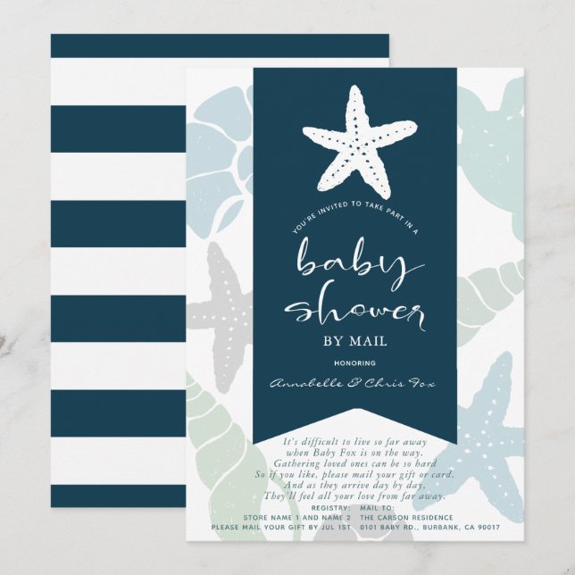 Starfish & Seashells Navy Blue Baby Dusche von Mai Einladung (Vorne/Hinten)