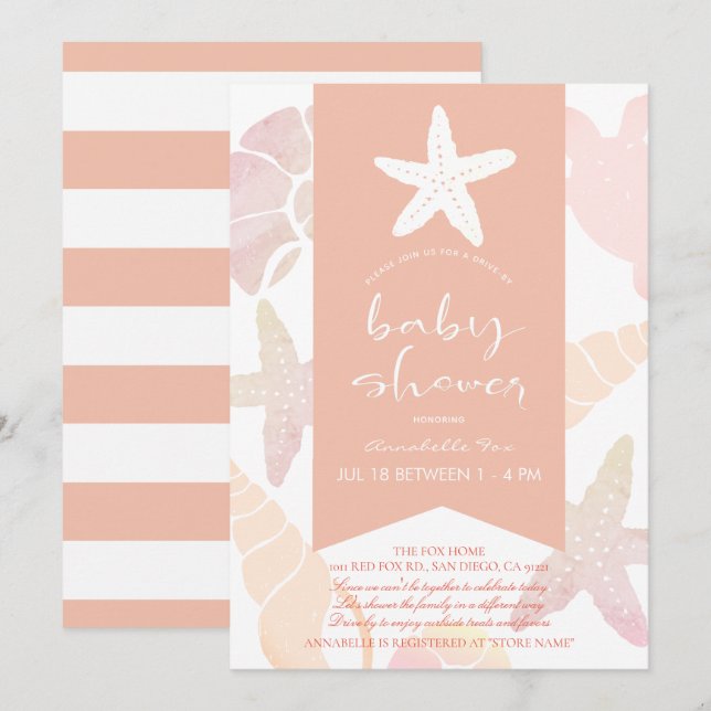 Starfish & Seashells Pink Drive-by Baby Shower Einladung (Vorne/Hinten)