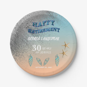 Starfish Seashells Silver Glitzer Happy Retirement Pappteller