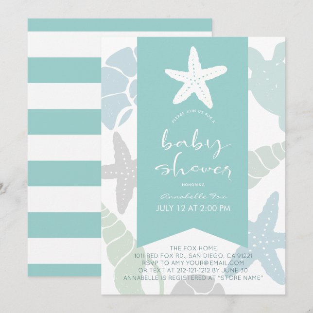 Starfish & Seashells Türkis Blue Baby Dusche Einladung (Vorne/Hinten)