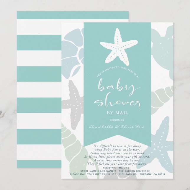Starfish & Seashells Turquoise Baby Dusche von Mai Einladung (Vorne/Hinten)
