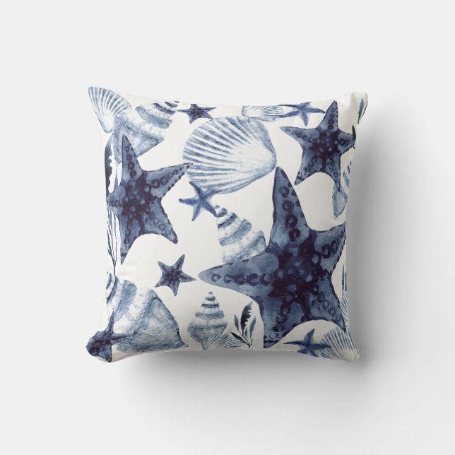 Starfish Shells Navy Blue And White Beachy Pattern Kissen (Vorderseite)