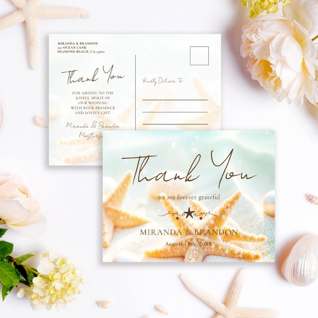 Starfish Shells Ocean Beach Wedding Thank You Postkarte (Von Creator hochgeladen)