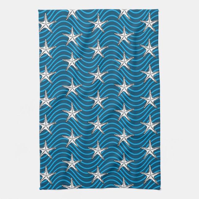 Starfish Sketch Blaue Wellenmuster Geschirrtuch (Vertikal)