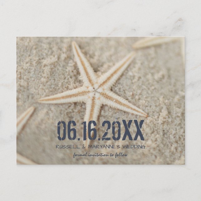 Starfish-Strand-Hochzeits-Save the Date Postkarte (Vorderseite)